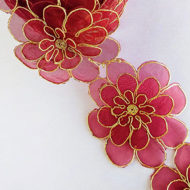 Blue / Pink / Red And Gold Layered Flowers, Cut work Tissue Trim, 3-D Flower Trim